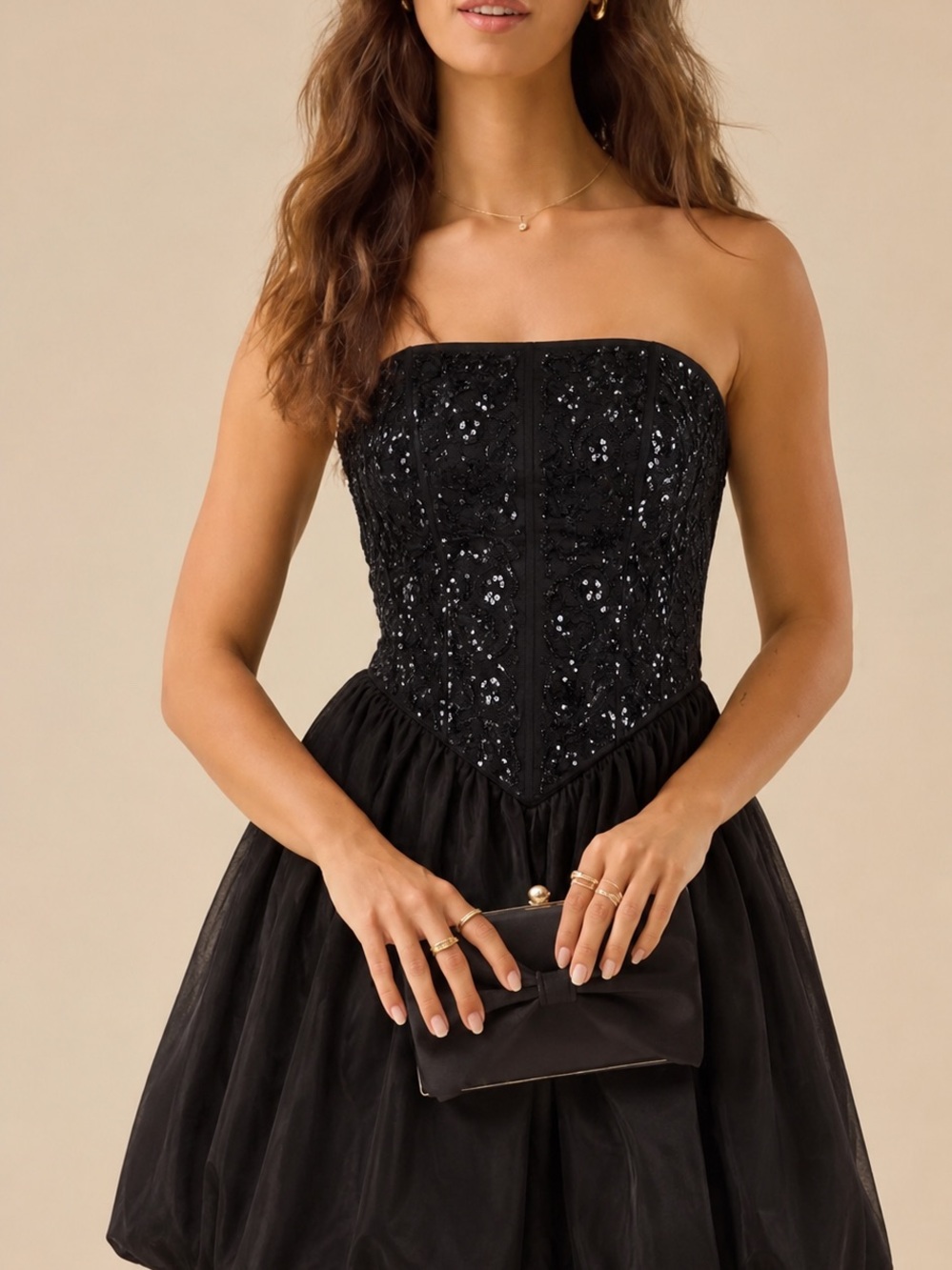 Vintage Jessica McClintock Gunne Sax Black Strapless Sequin Tulle Dress XS